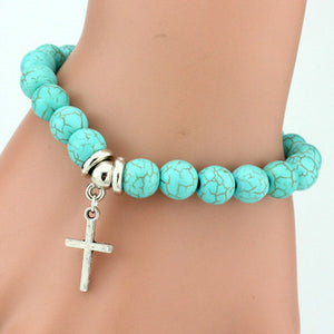 Silver Cross Blue Beads Charm Bracelet